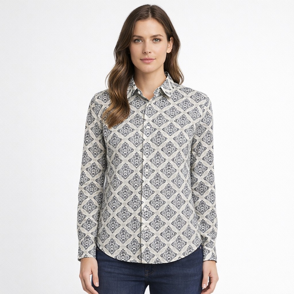 Boden Navy and White 100% linen Blouse Floral Shirt size 6